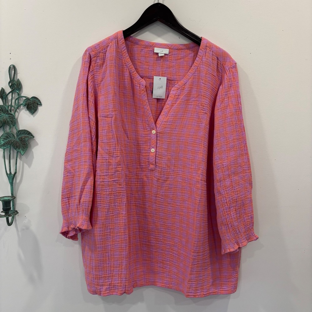 NWT J. Jill Cotton 2X Popover Gauze Gingham Tunic Top Long Sleeve